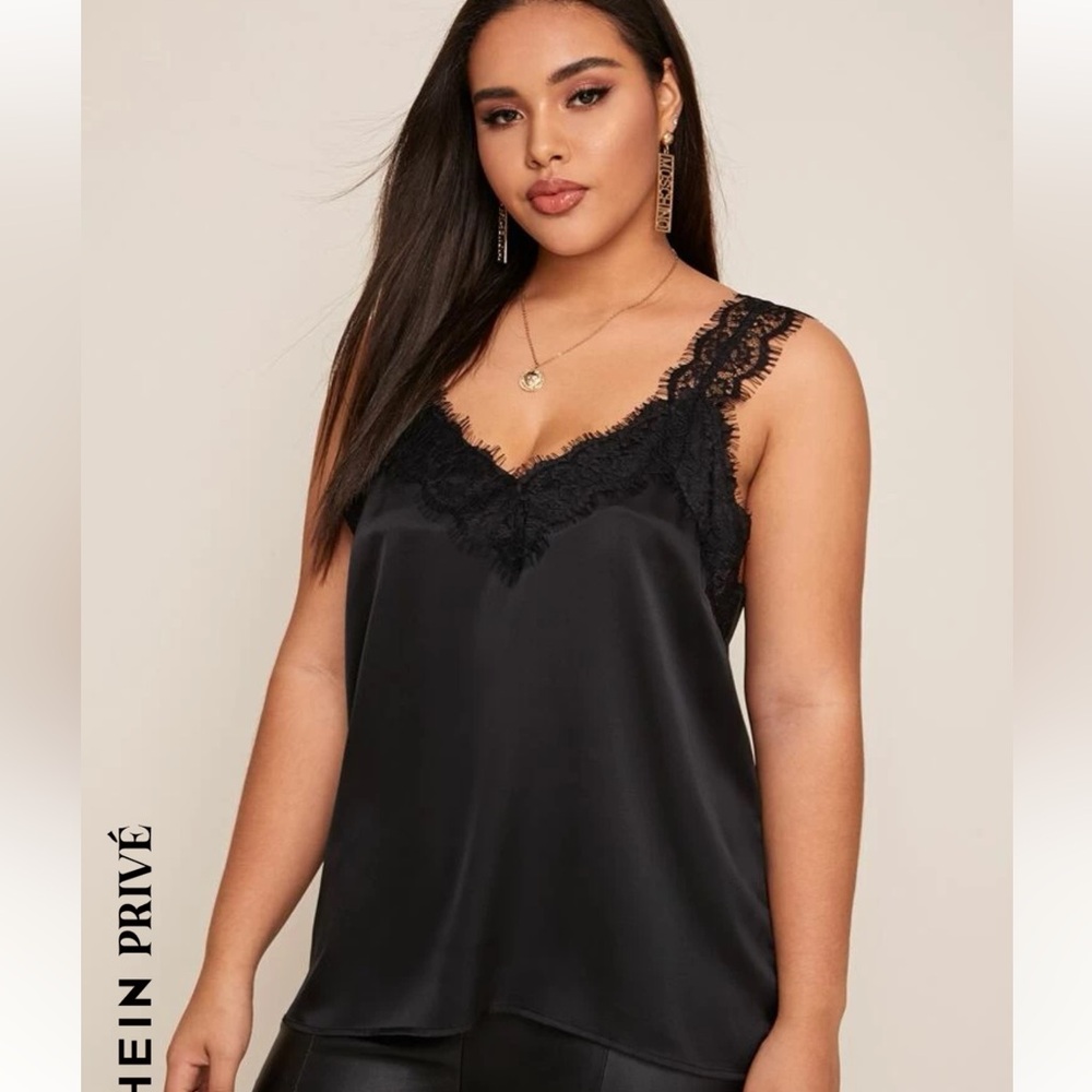 Black satin lace strap tank top